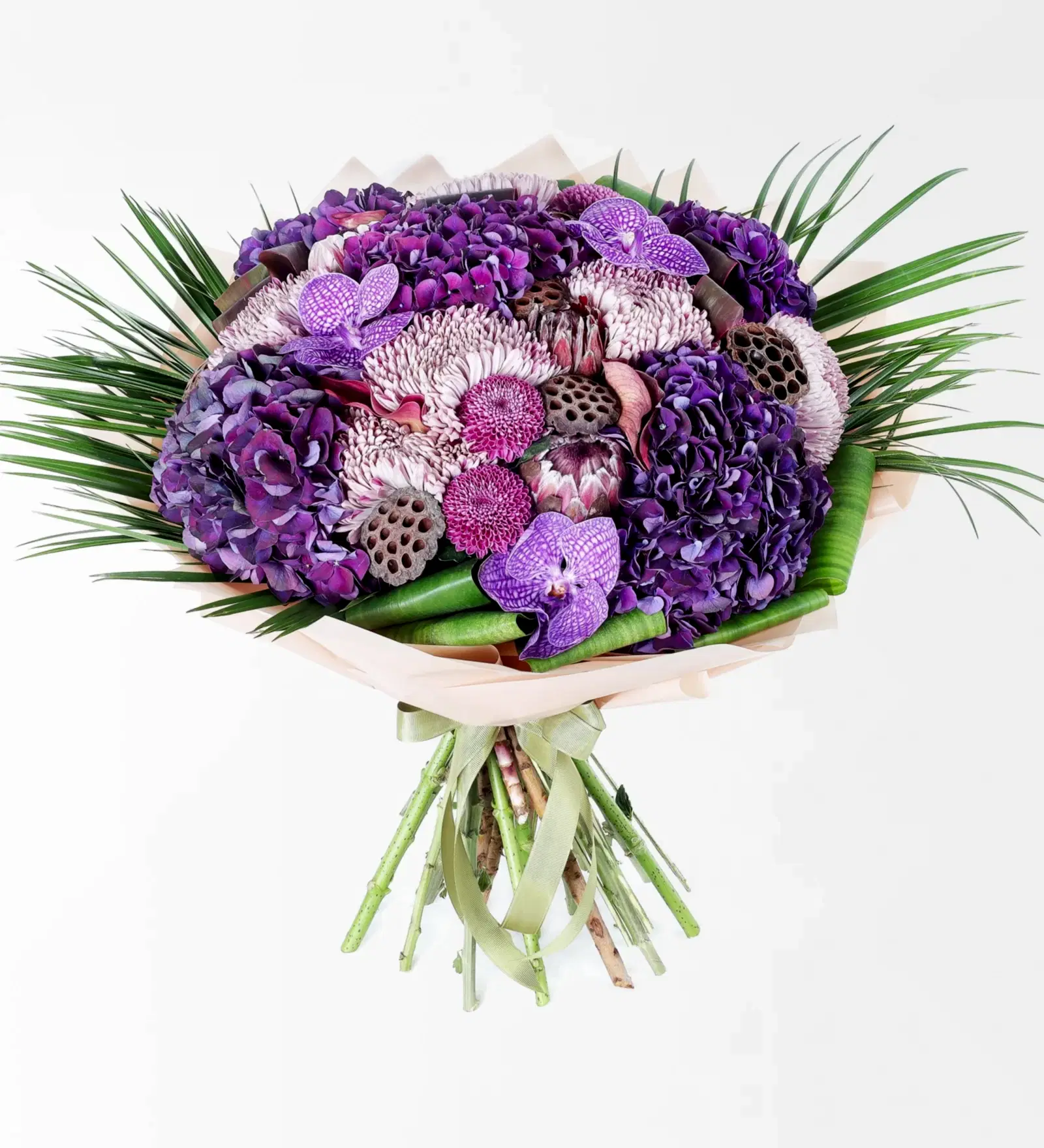 Purple Coral Grande - Mor Ortanca Anastasya Ve Vanda Orkideli Dev Çiçek Buketi