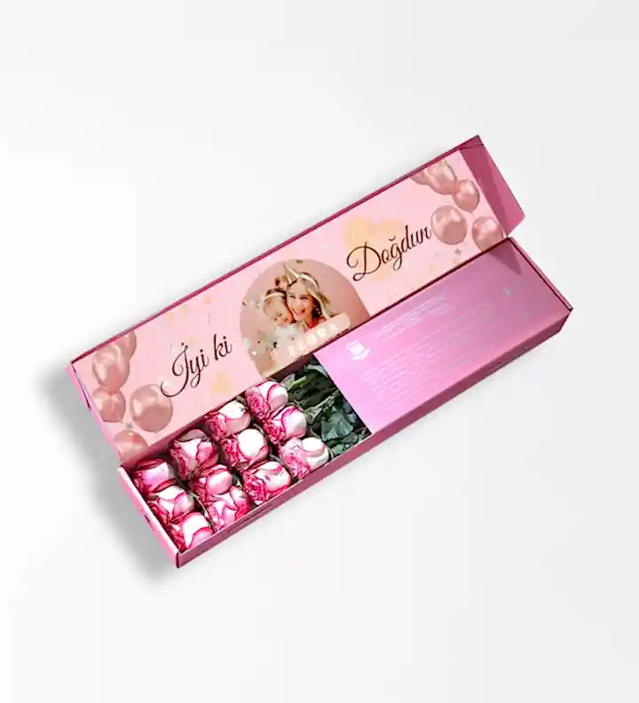 İyi ki Doğdun Kişiye Özel Fotoğraflı ve İsimli Pembe Kutuda Pembe Güller